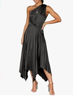 ANRABESS Black Size S One Shoulder Pleated Asymmetrical Midi Dress